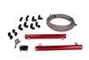Aeromotive GT500 fuel rail kit, red billet rails, braided line, black AN fittings and regulator, top view