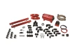 Aeromotive A1000 fuel system kit, red fuel rails, pump, filter, injectors, and braided lines laid out flat