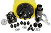 Aeromotive Phantom 200 return style fuel system with Y-block, yellow foam pump housing, fittings, gauge and inline filter shown from above