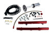 Aeromotive C6 Corvette fuel system kit, showing A1000 pump, red LS3 fuel rails, wiring, hose, and fittings