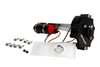 Aeromotive 340 Series fuel pump module, angled view showing motor, wiring, mounting screws and filter sock