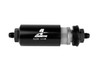 Aeromotive In-Line Filter AN-06, black anodized body with visible stainless steel element and flow arrow