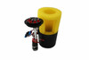 Aeromotive Phantom 450lph fuel pump assembly with yellow foam sock and black mounting plate, top view
