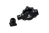 Aeromotive Atomic Belt Drive Fuel Pump shown black anodized with AN fitting adapter beside it, front angle view