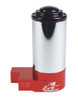 Aeromotive SS Series billet carbureted fuel pump, chrome cylinder on red base, angled front view, flow arrow visible