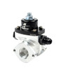 Aeromotive modular fuel pressure regulator, black adjuster top, silver base, AN-06 fitting, side angle view