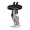 Aeromotive 16 Bolt 450LPH fuel pump assembly, front angle, showing hanger, fuel level sender, wiring and filter sock
