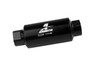 Aeromotive black inline fuel filter, ORB 10 fittings, angled view showing flow arrow and logo