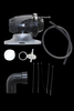 HKS SSQV4 blow off valve kit with black elbow adapter, hose, mounting flange and zip ties laid out