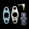 BL T3/T4 turbo oil fitting kit showing gasket, drain flange, brass elbow fitting, and hex nipple