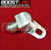 Boost Lab CNC banjo fitting with -8 AN threaded port, angled view on red background