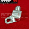 Boost Lab CNC 8AN power steering pump feed fitting, angled view showing threaded fitting and mounting bracket with bolt hole.