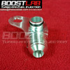 Boost Lab 2JZ-GTE/2JZ-GE power steering feed fitting, side angle showing AN threads and mounting bracket