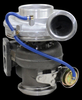 BorgWarner K31 turbocharger for CAT C12 12.7L, side angle showing compressor housing, wastegate actuator with blue hose, and exhaust inlet flange