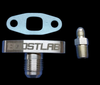 BoostLab T3/T4 turbo oil drain flange kit with gasket and AN fitting adapter, top view
