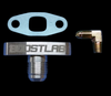Boost Lab T3/T4 turbo oil fitting kit: billet -10AN drain flange, gasket, and brass 90 degree elbow fitting.