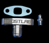 BoostLab T3/T4 turbo oil drain flange kit, billet flange with -10AN fitting, gasket, and adapter