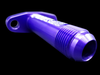 Purple billet T3/T4 extended turbo oil drain flange, angled view showing threaded -10 AN fitting and mounting hole.