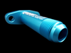 Teal billet T3/T4 turbo oil drain flange, -10 AN threaded fitting, angled mounting bracket view.