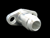 Billet GT series turbo oil drain flange with -10AN threaded fitting, angled view showing bolt holes