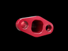 Red anodized BL Billet GT Series turbo oil drain flange, angled view showing large center bore and two mounting holes.