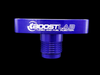 Purple billet T3/T4 turbo oil drain flange with -10 AN threaded fitting, front view, Boost Lab logo