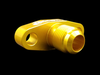 Gold billet T3/T4 turbo oil drain flange, angled front view showing threaded fitting and mounting bolt holes.