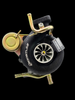 Boost Lab TD06SL2-54X turbo, front angle showing compressor wheel, gold fittings, actuator