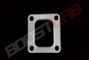 T4 turbo inlet gasket, flat metal plate with rounded rectangular center opening and four corner bolt holes, top down view