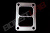 T6 divided inlet gasket, flat rectangular plate with two openings, four corner bolt holes, front view