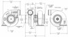Xona XR 6557S X2C turbo, three view technical drawing showing compressor housing, oil ports, water port, and turbine outlet dimensions.