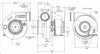 Xona XR 7864S X3C turbocharger technical drawing, front, side and rear views with dimensions