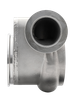 Xona Rotor XR-51S turbine housing, side view showing angled outlet and V-band inlet flange, cast metal finish