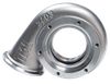 Xona Rotor XR-57S turbine housing, side view showing V-band inlet and outlet flanges, cast surface with TiAL marking
