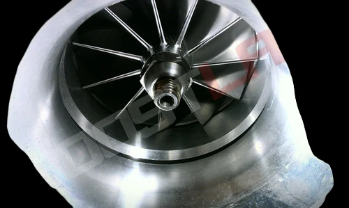 BL372R with Race Cover turbo compressor wheel, close up front view showing curved milled blades and center shaft nut
