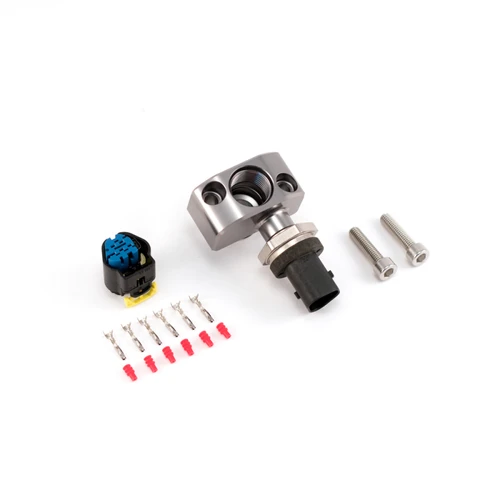 Injector Dynamics Sensor Add On for ID-F750 kit with billet block, sensor connector, terminals, and mounting bolts