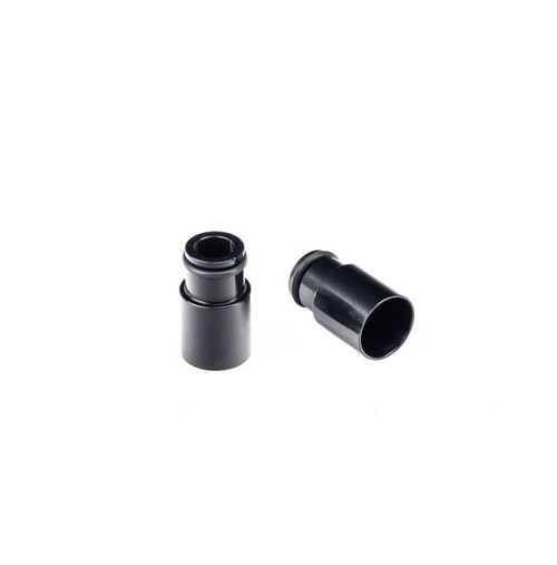Two black Injector Dynamics +14mm bottom adapters with lower O-rings, shown side by side at an angle.