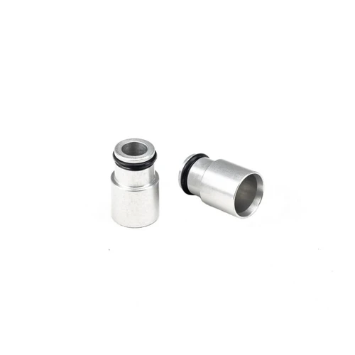 Injector Dynamics +12mm bottom adapter, clear anodized, two units shown side by side with 14mm lower o-rings visible.