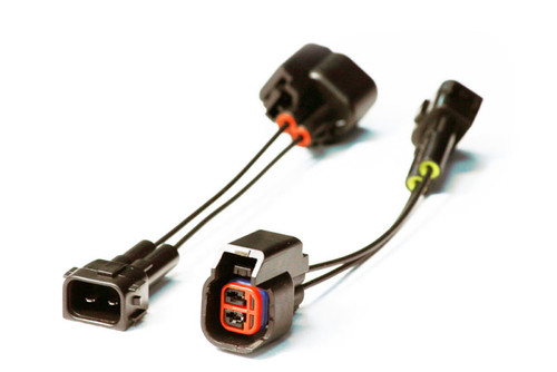 Injector Dynamics USCAR to OBD2 PnP adapter, harness with two connectors, front angled view
