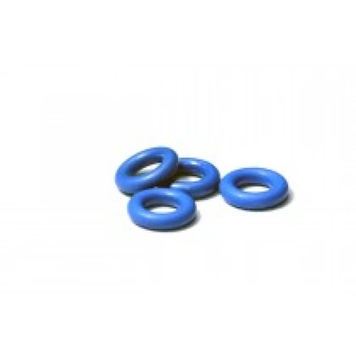 Four blue rubber Injector Dynamics 14mm top o-rings arranged loosely on a white background.