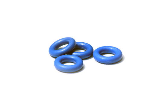 Four blue silicone 14mm bottom O-rings for Injector Dynamics injectors, shown loosely stacked on white background.