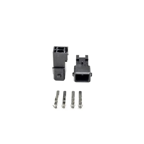 Injector Dynamics EV1 male connector kit, two black housings with four metal terminal pins shown below