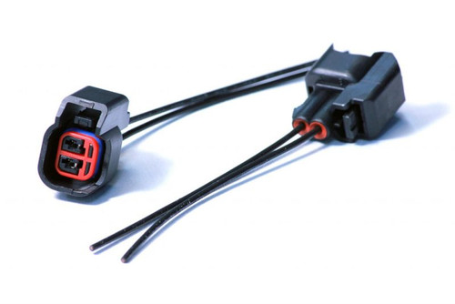 Injector Dynamics USCAR female connector pigtail, two black plugs with red seals and bare wire leads