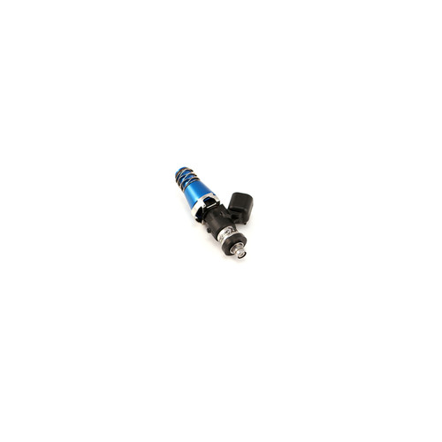 Injector Dynamics ID1300 fuel injector for Mazdaspeed Miata, angled view showing blue body, black electrical connector, and nozzle tip