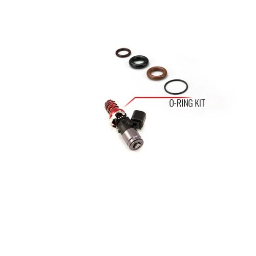 Injector Dynamics O-Ring Seal Service Kit with fuel injector, four small o-rings and one large o-ring above