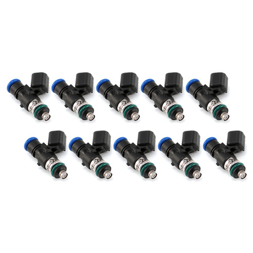 Set of 10 Injector Dynamics ID1050X fuel injectors, angled view showing blue connectors and lower O-rings