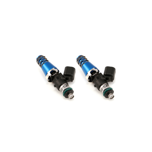 Injector Dynamics 2600-XDS fuel injectors, set of two, blue tops with springs, black connectors, angled view