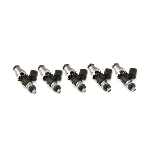 Set of five Injector Dynamics 2600-XDS fuel injectors, angled view showing tops, connectors and o-rings.