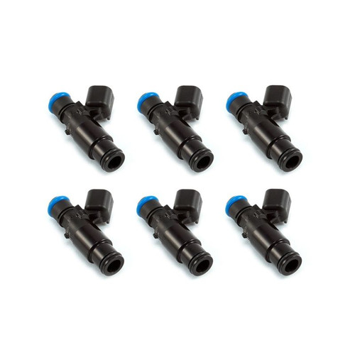 Set of six Injector Dynamics 2600-XDS fuel injectors, 48mm length, 14mm top and bottom adapters, angled view
