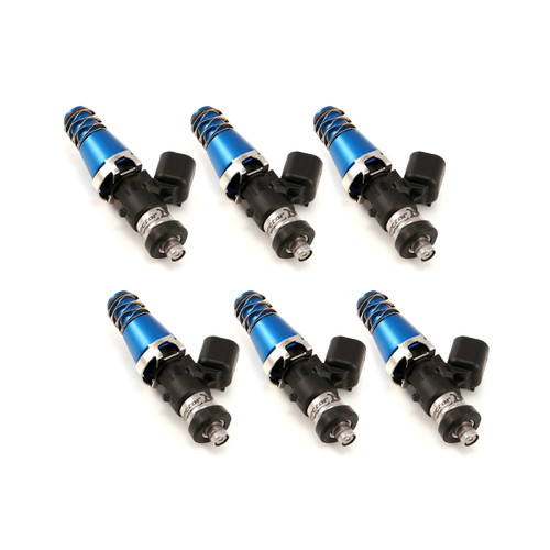 Set of six Injector Dynamics 2600-XDS fuel injectors, blue bodies with black connectors, angled view